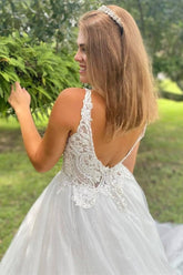 White Lace V-Neck Backless A-Line Wedding Dress